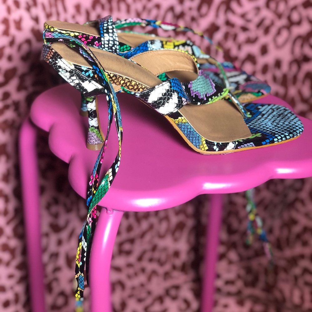 Multicolored Snakeskin Thong Heels